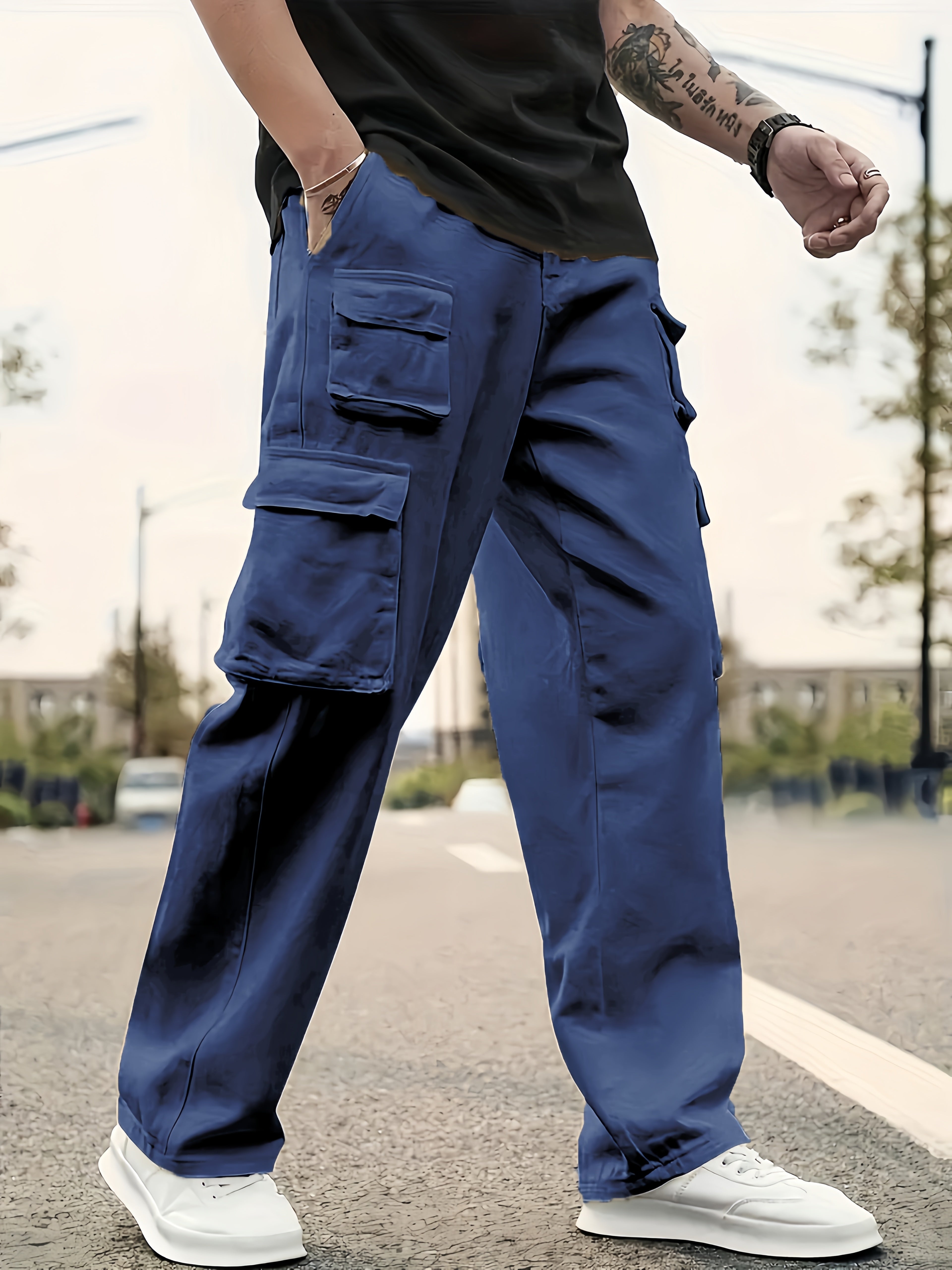 Men's Solid Color Sports Cargo Pants With Drawstrings, Casual Versatile Straight Leg Outdoor Trousers As Gift