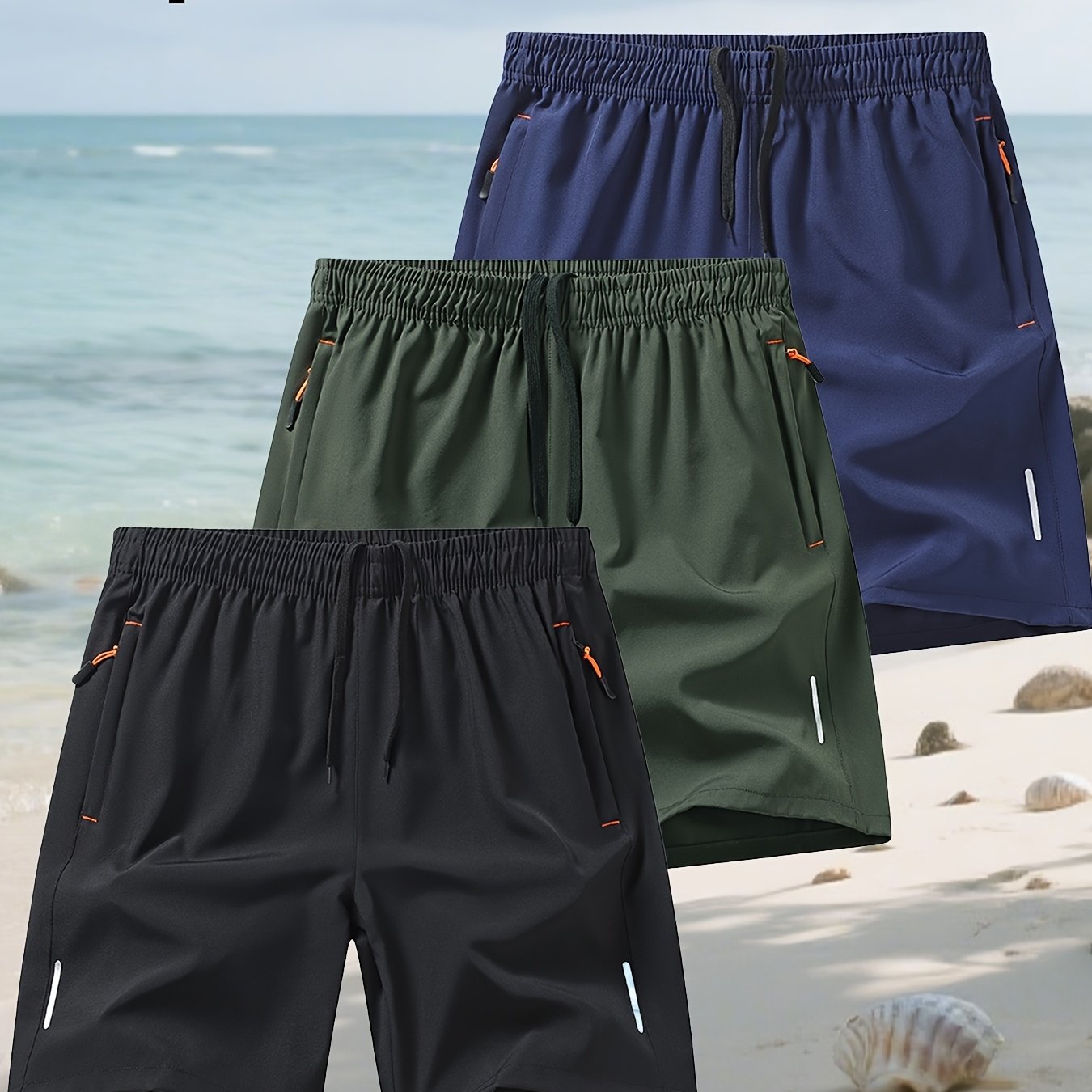 Conjunto de 3 Pantalones Cortos Deportivos | Cintura Elástica con Bolsillos | Playa y Deporte
