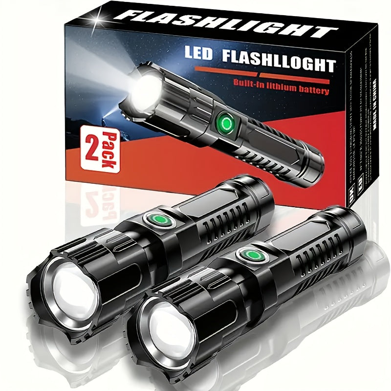 Linterna táctica LED de alto lumen con zoom ajustable y 3 modos de luz. Recargable, ideal para camping, senderismo y emergencias
