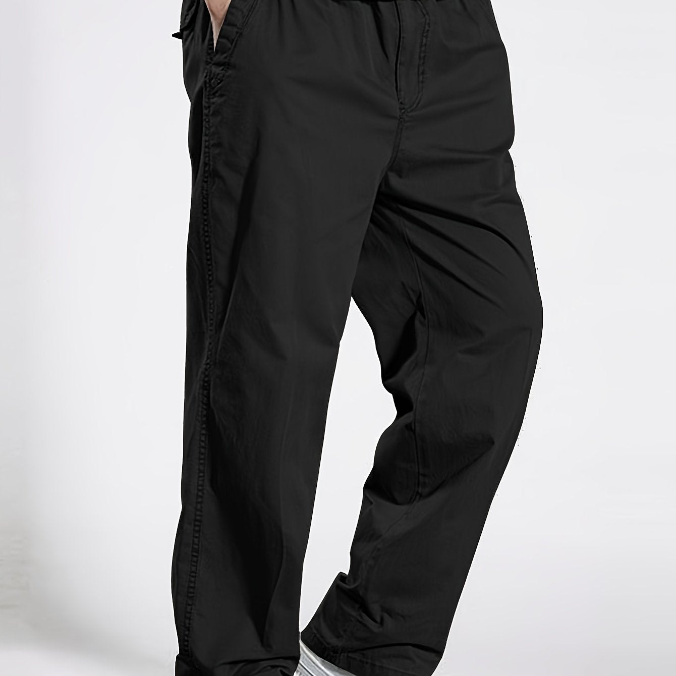 Men's Heavy-Duty 100% Cotton Work Pants - Relaxed Fit Cargo Pants with Elastic Drawstring Waist, Solid Black Casual Workwear for Construction, Everyday & Formal Events - Machine Washable Spring/Fall Trousers, Classic Solid Co
