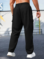 Men'S Casual Cargo Pants with Zipper Pockets - Black, Drawstring Waist, Lightweight, Non-Stretch Fabric, Perfect for Spring & Fall Outdoor Activities, Casual Attire, and Everyday Use, Casual Outdoor Pants | Sporty Style Pants