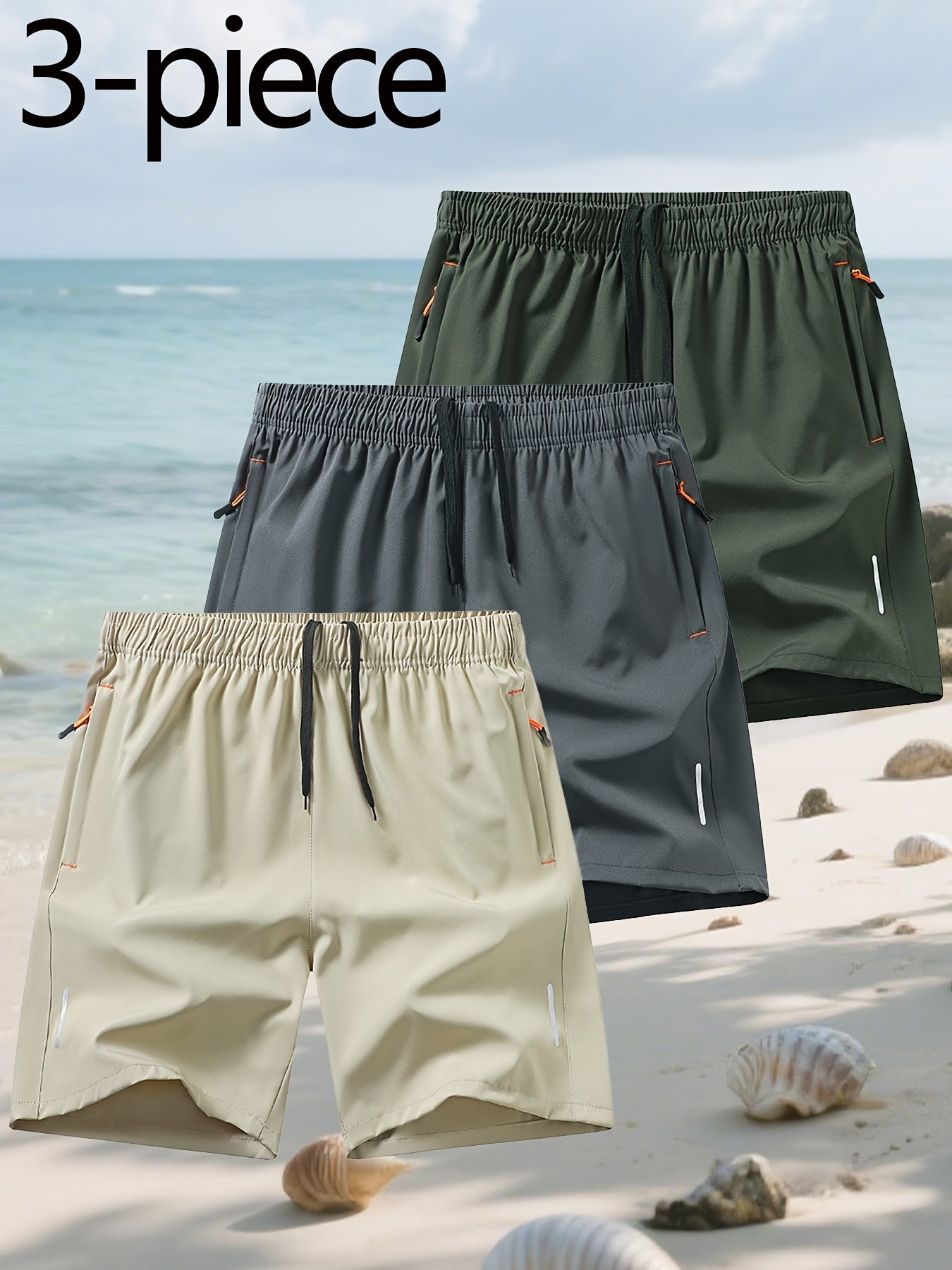 Conjunto de 3 Pantalones Cortos Deportivos | Cintura Elástica con Bolsillos | Playa y Deporte