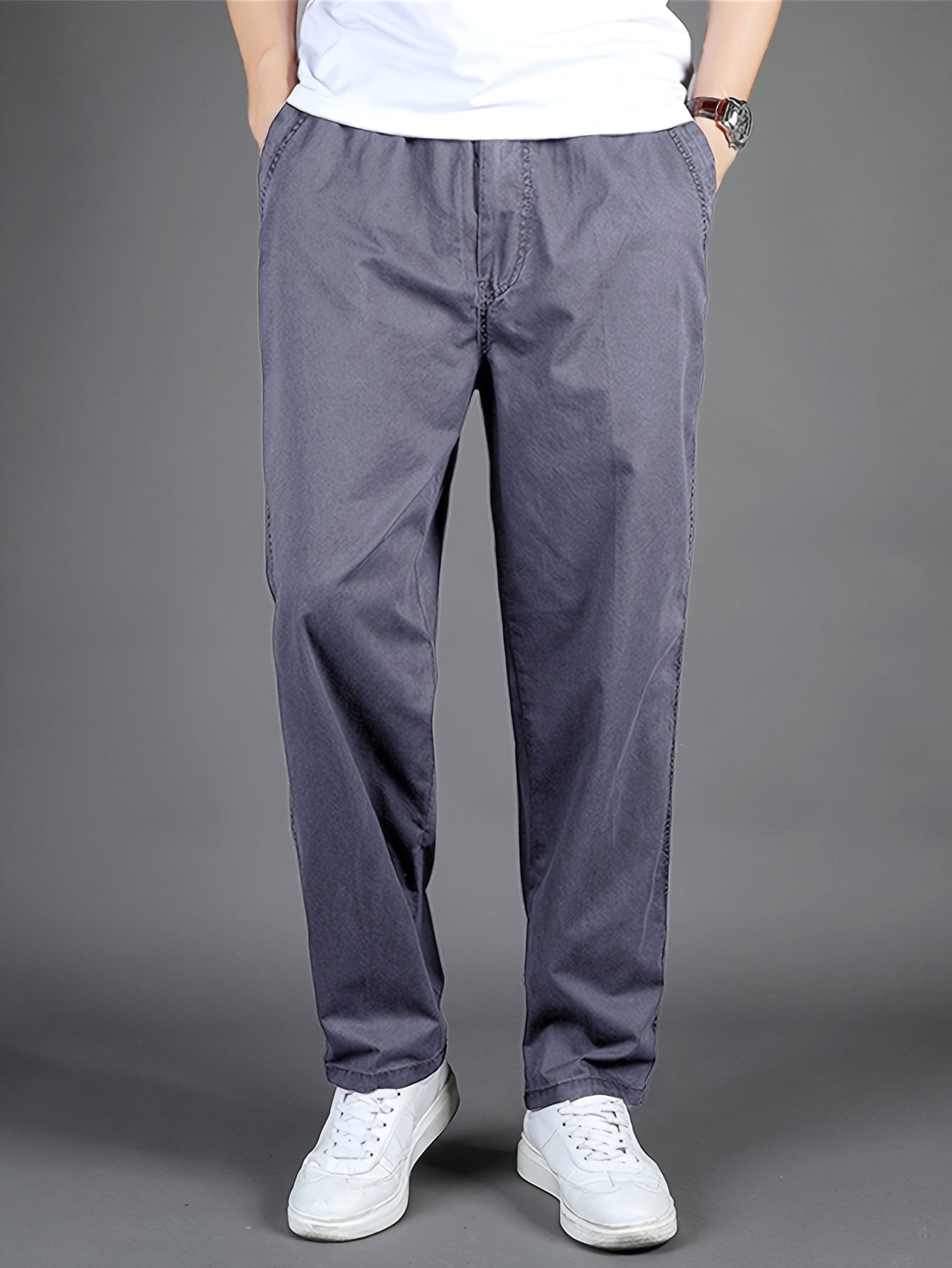 Men'S High-Waisted Straight-Leg Casual Pants - Light Grey Elastic Drawstring Waist, Lightweight All-Season Comfort, Regular Fit Solid Color Trousers for Casual Attire & Light Sports, Comfortable Clothing, Minimalist Design, S