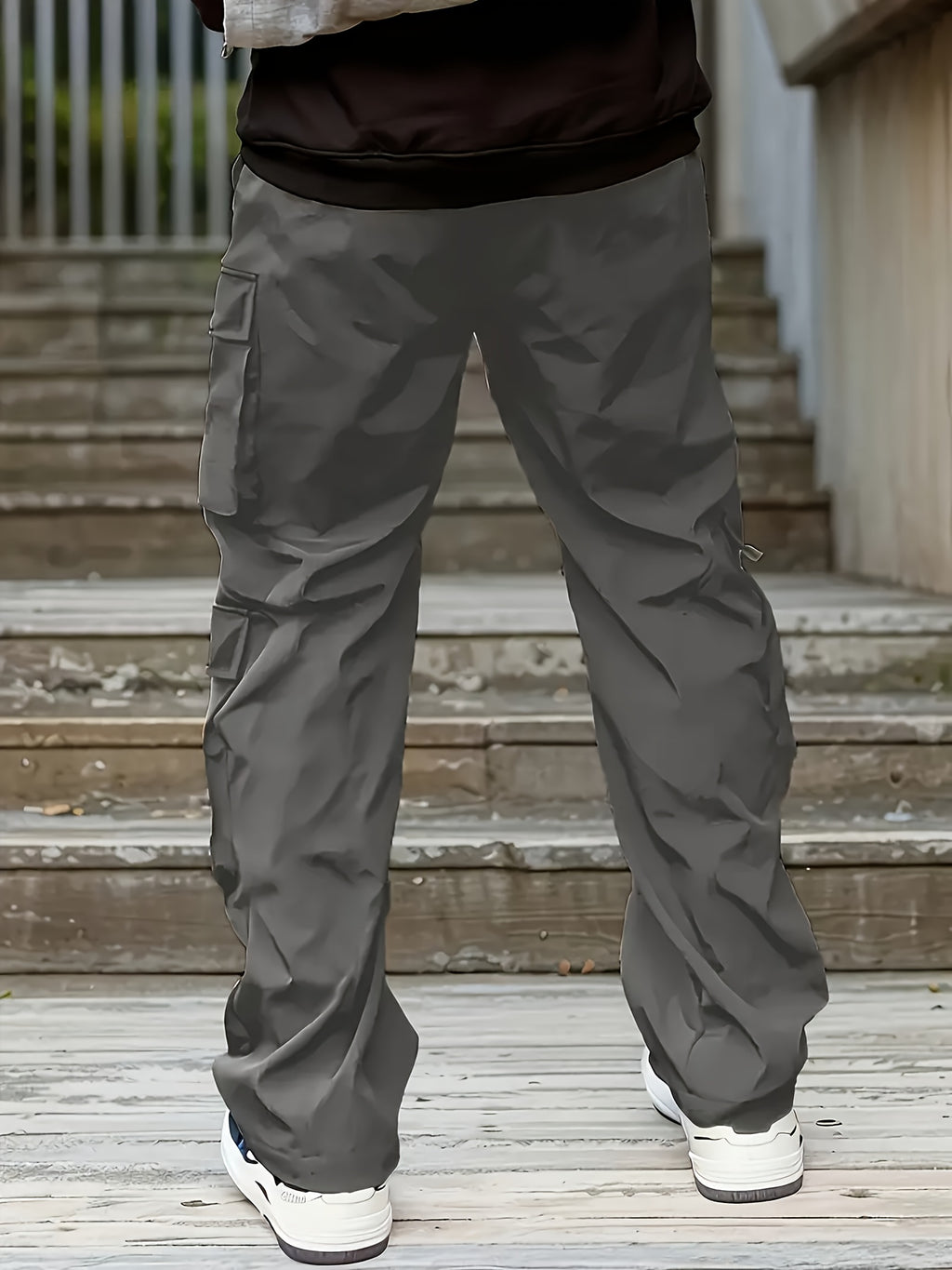Men'S Fashion Cargo Pants, Polyester 100%, Solid Color, Loose Fit, Straight Leg, Drawstring, Multi-Pocket, Casual Slim Fit, Woven Fabric, 138g/m² - Sports Style