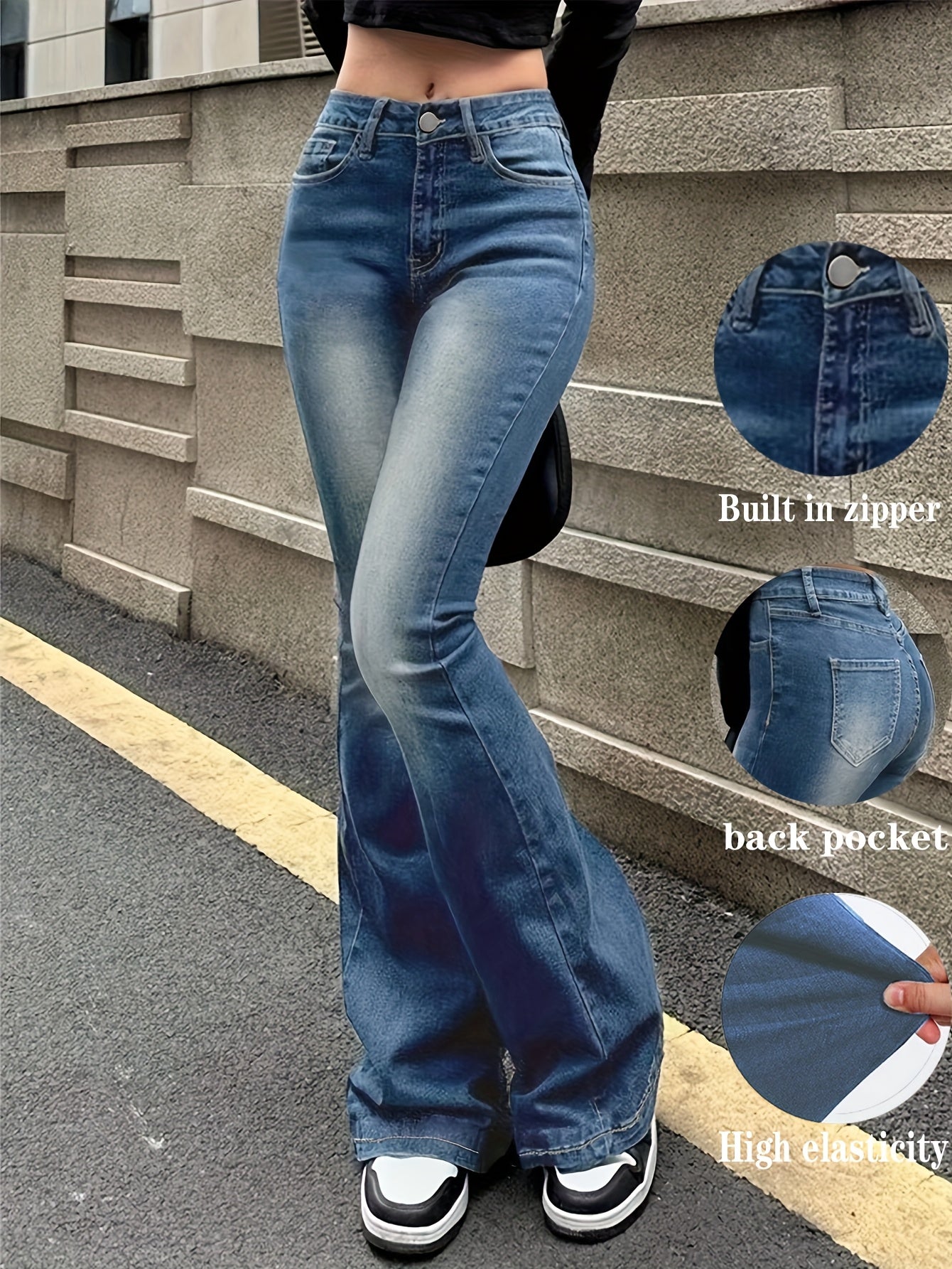 Jeans Acampanados Retro de Mujer | Ticotrendy Denim Elástico Cintura Media Estilo Casual