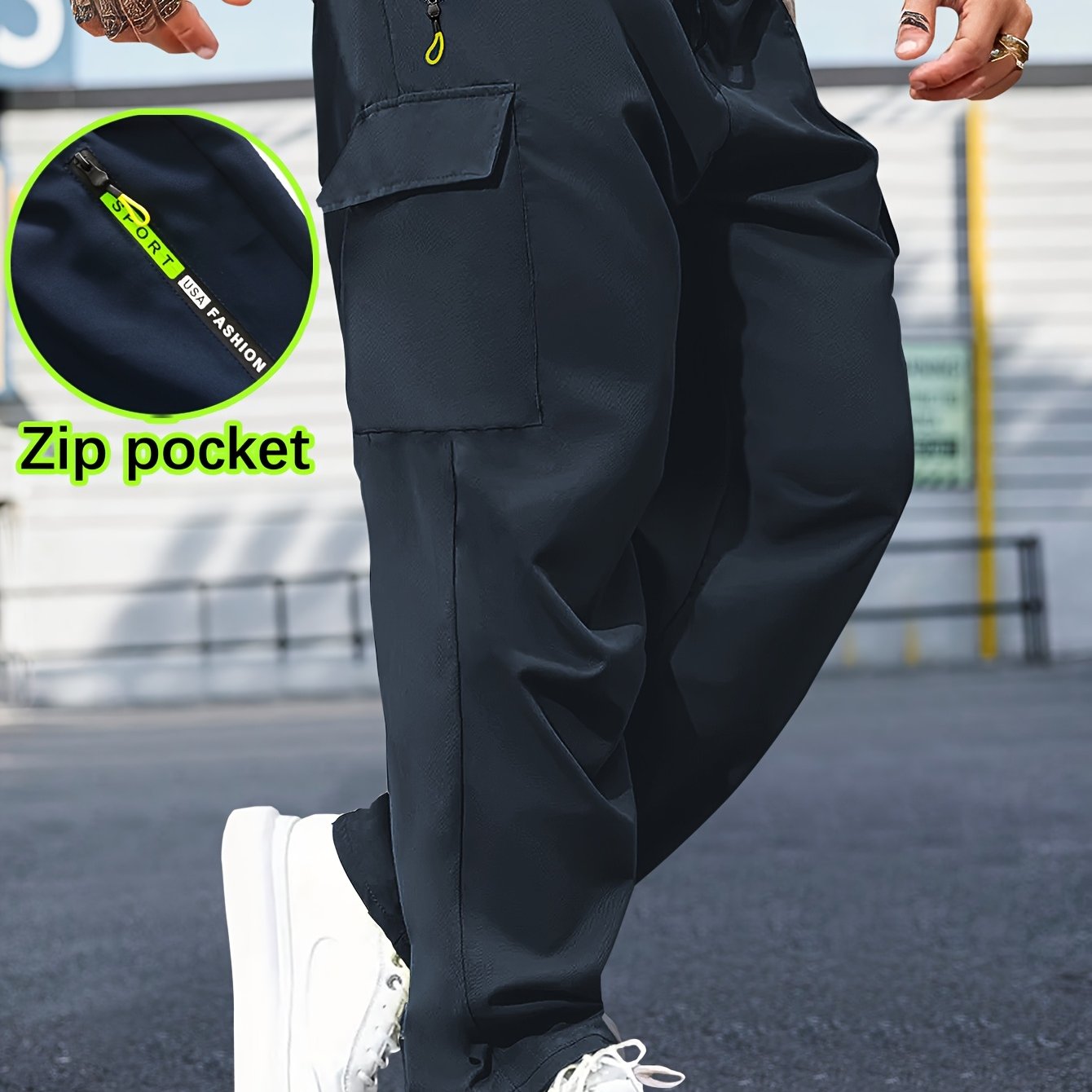 Men'S Casual Cargo Pants with Zipper Pockets - Black, Drawstring Waist, Lightweight, Non-Stretch Fabric, Perfect for Spring & Fall Outdoor Activities, Casual Attire, and Everyday Use, Casual Outdoor Pants | Sporty Style Pants