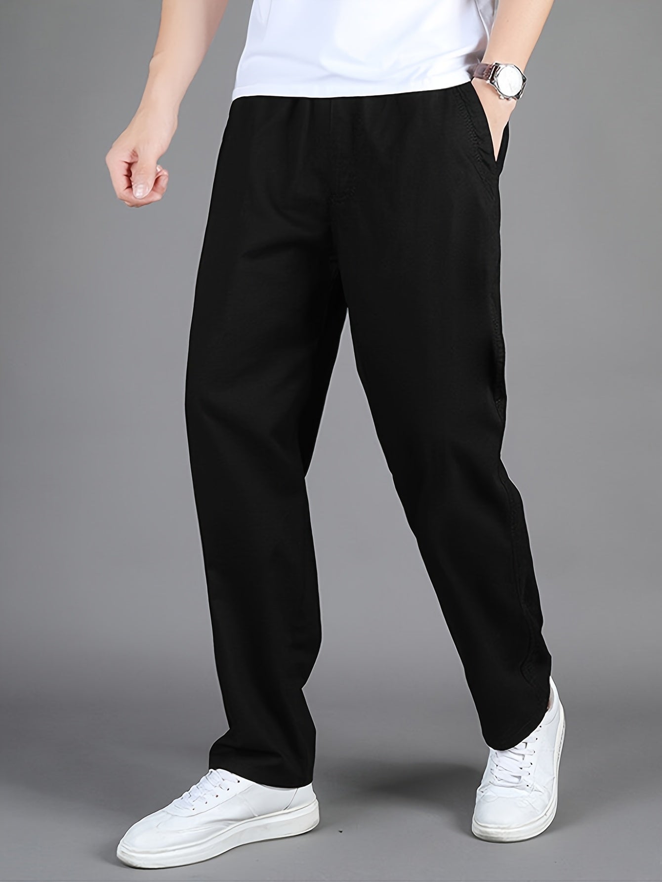 Men'S High-Waisted Straight-Leg Casual Pants - Light Grey Elastic Drawstring Waist, Lightweight All-Season Comfort, Regular Fit Solid Color Trousers for Casual Attire & Light Sports, Comfortable Clothing, Minimalist Design, S