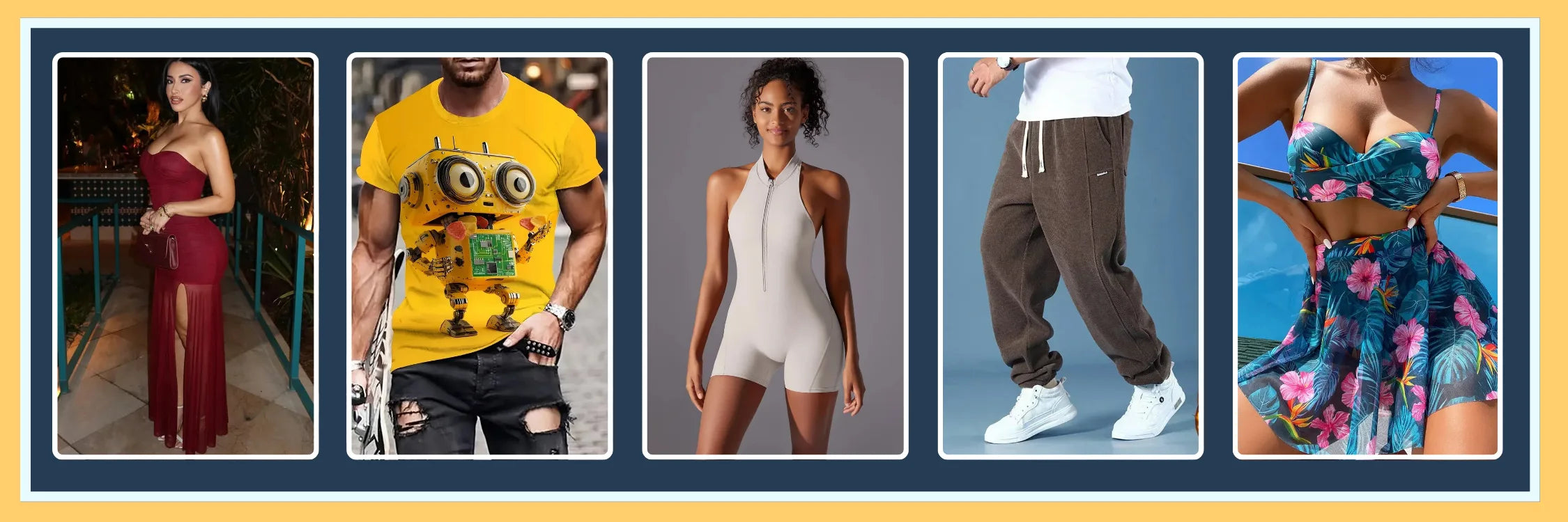 Banner de Ticotrendy que exhibe diversos estilos de ropa, incluyendo un vestido de fiesta animal print, una camiseta gráfica de robot, ropa deportiva, pantalones jogger y trajes de baño tropicales.