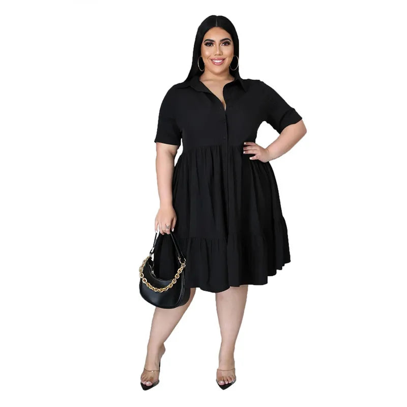Vestido de Talla Grande para Mujer | Botones Sólidos y Cuello Vuelto | Camisa con Volantes Verano | Tico Trendy