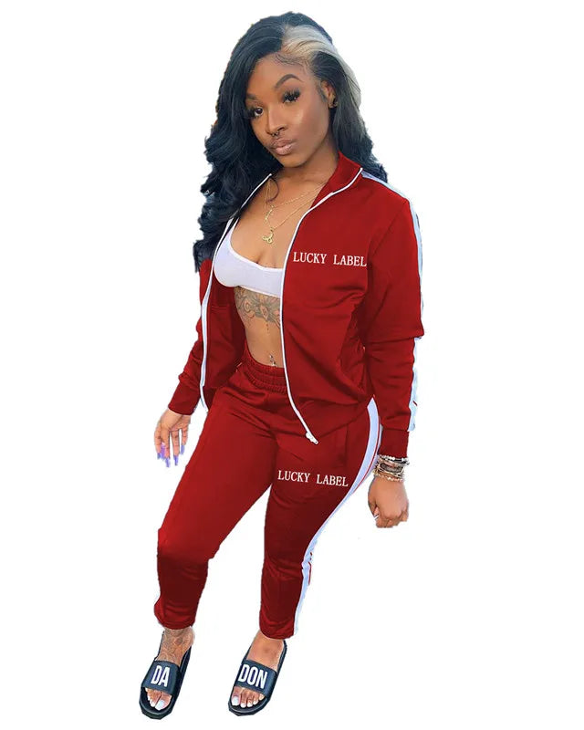 Lucky Label-Conjunto de chándal a rayas para mujer, Top con cremallera, Leggings, pantalones de chándal, ropa de otoño, venta al por mayor, Dropshipping, 2 piezas