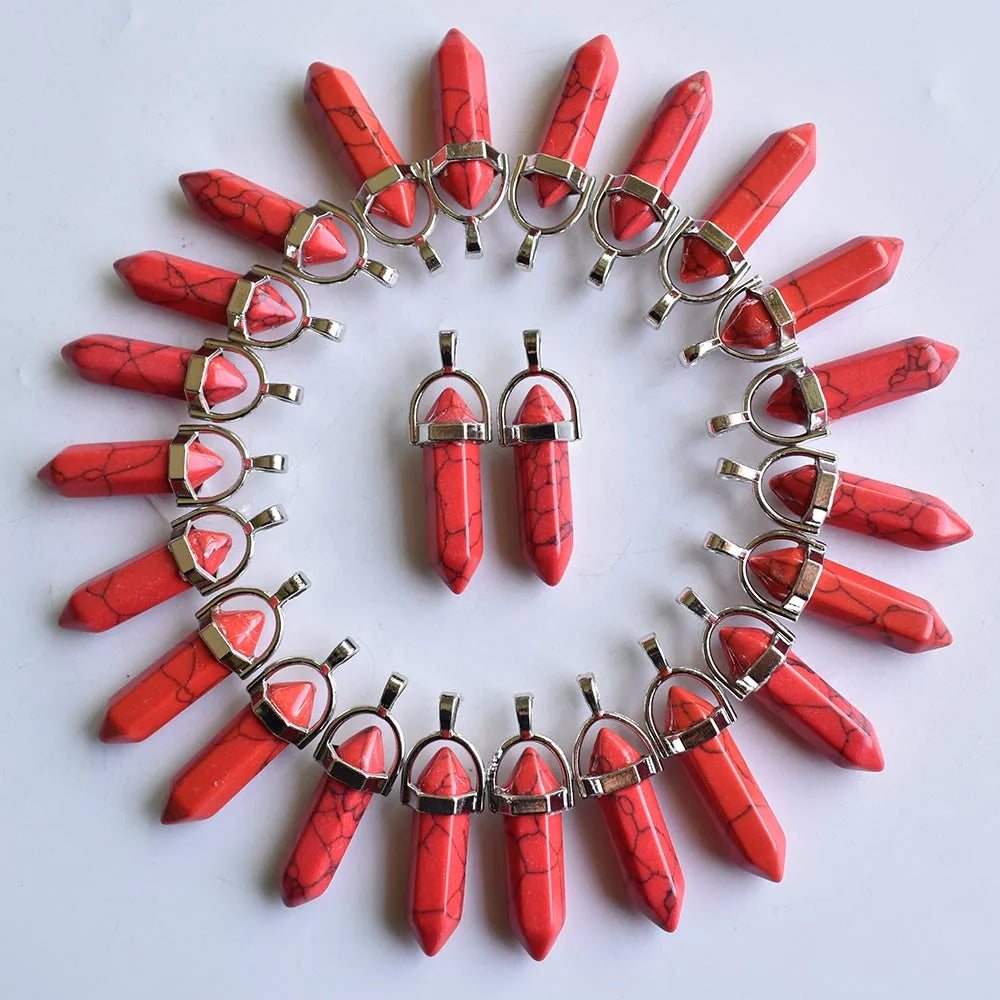 Venta al por mayor, 24 unids/lote, calidad de moda, surtido de piedra natural, dijes de pilar mezclados, colgantes y collares de chakra para hacer gratis
