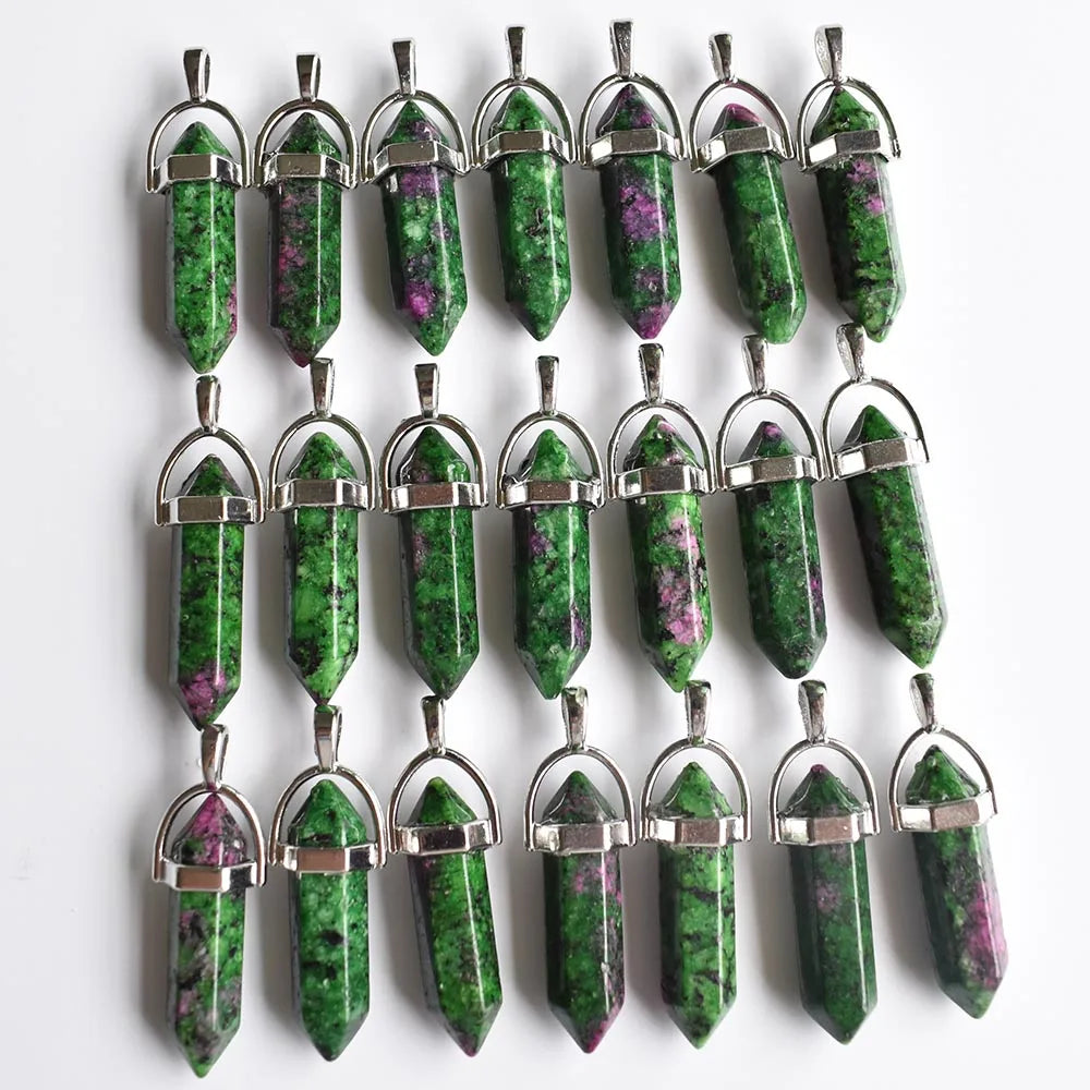 Venta al por mayor, 24 unids/lote, calidad de moda, surtido de piedra natural, dijes de pilar mezclados, colgantes y collares de chakra para hacer gratis