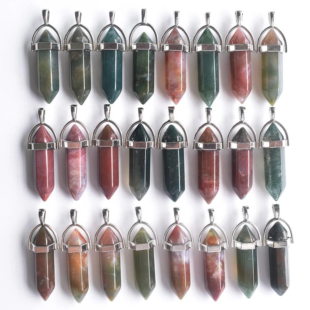 Venta al por mayor, 24 unids/lote, calidad de moda, surtido de piedra natural, dijes de pilar mezclados, colgantes y collares de chakra para hacer gratis