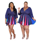 Vestido S-5XL de talla grande para mujer, ropa informal con estampado de cuello de pico, manga larga, minivestido con fajas para playa, venta al por mayor