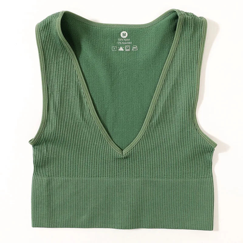Top Corto Deportivo Sin Forro | Cuello V | Color Sólido | Ticotrendy