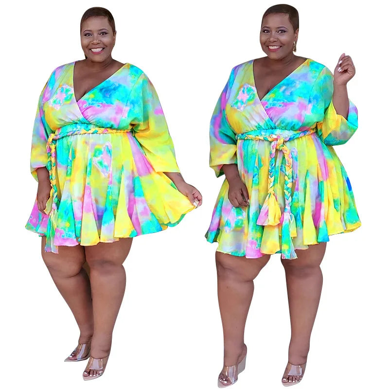 Vestido S-5XL de talla grande para mujer, ropa informal con estampado de cuello de pico, manga larga, minivestido con fajas para playa, venta al por mayor