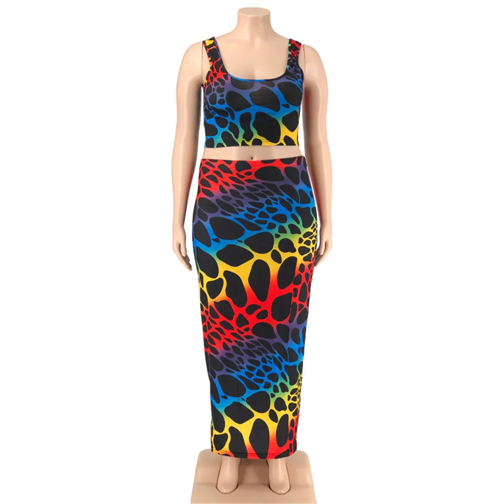 Conjuntos de faldas de talla grande para mujer, venta al por mayor, estampado, ceñido al cuerpo, Tops con cuello cuadrado, falda Maxi, nuevo traje informal de dos piezas, triangulación de envíos