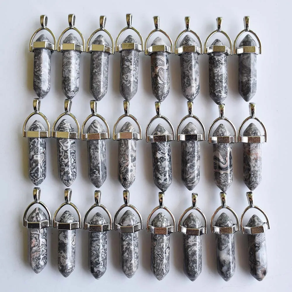 Venta al por mayor, 24 unids/lote, calidad de moda, surtido de piedra natural, dijes de pilar mezclados, colgantes y collares de chakra para hacer gratis