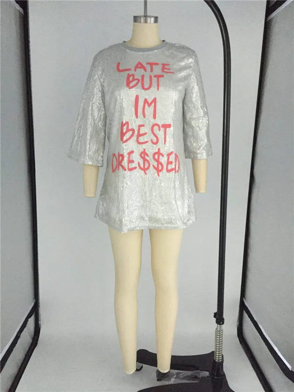 Vestido de lentejuelas con estampado de letras para mujer, minivestido informal holgado de media manga, ropa de verano, chándal, venta al por mayor, 2021