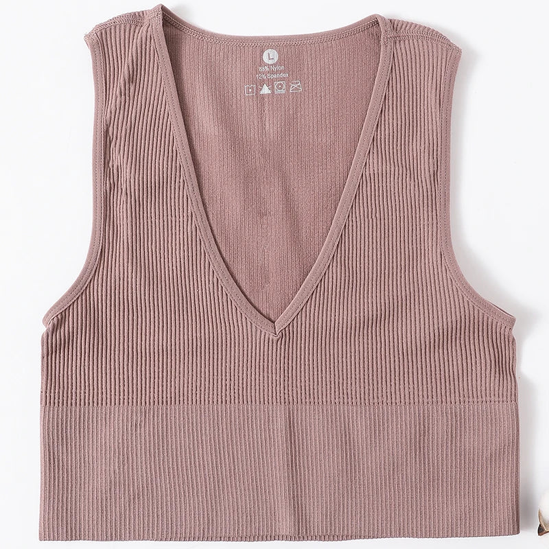 Top Corto Deportivo Sin Forro | Cuello V | Color Sólido | Ticotrendy