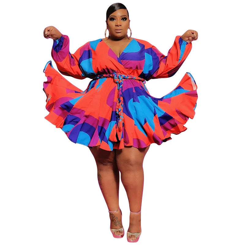 Vestido S-5XL de talla grande para mujer, ropa informal con estampado de cuello de pico, manga larga, minivestido con fajas para playa, venta al por mayor