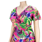Vestidos de talla grande para mujer, verano 2021, venta al por mayor, cuello de pico, estampado, vendaje drapeado, elegante, Mini vestido de vacaciones