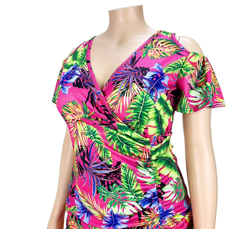 Vestidos de talla grande para mujer, verano 2021, venta al por mayor, cuello de pico, estampado, vendaje drapeado, elegante, Mini vestido de vacaciones