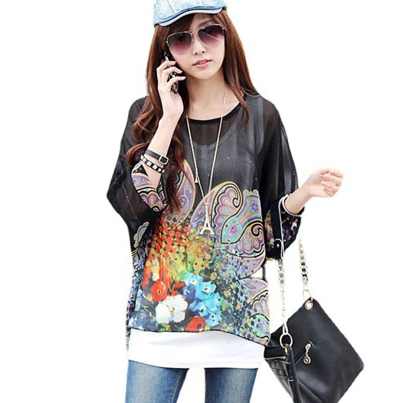 Vestido casual bohemio estilo chiffon disponible en tallas grandes 4XL 5XL 6XL vestido vintage floreado con cuello en O camiseta estilo long top