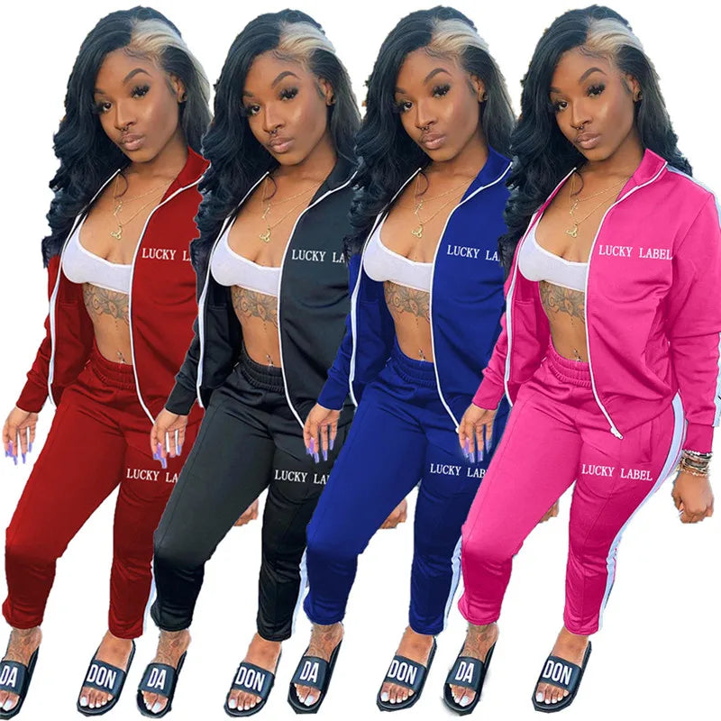 Lucky Label-Conjunto de chándal a rayas para mujer, Top con cremallera, Leggings, pantalones de chándal, ropa de otoño, venta al por mayor, Dropshipping, 2 piezas