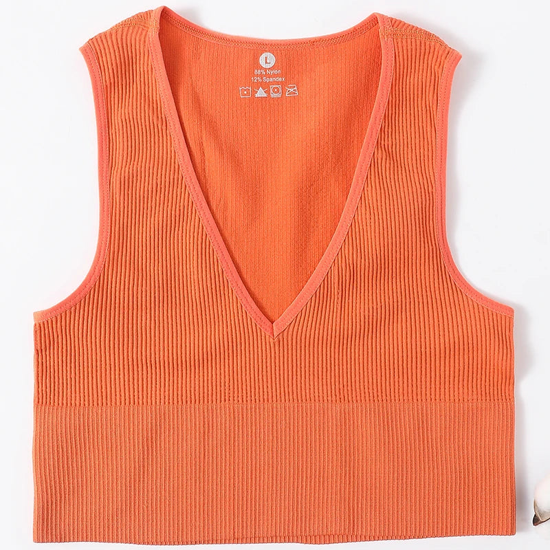 Top Corto Deportivo Sin Forro | Cuello V | Color Sólido | Ticotrendy