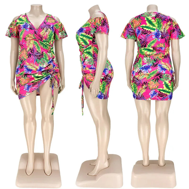Vestidos de talla grande para mujer, verano 2021, venta al por mayor, cuello de pico, estampado, vendaje drapeado, elegante, Mini vestido de vacaciones