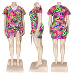 Vestidos de talla grande para mujer, verano 2021, venta al por mayor, cuello de pico, estampado, vendaje drapeado, elegante, Mini vestido de vacaciones