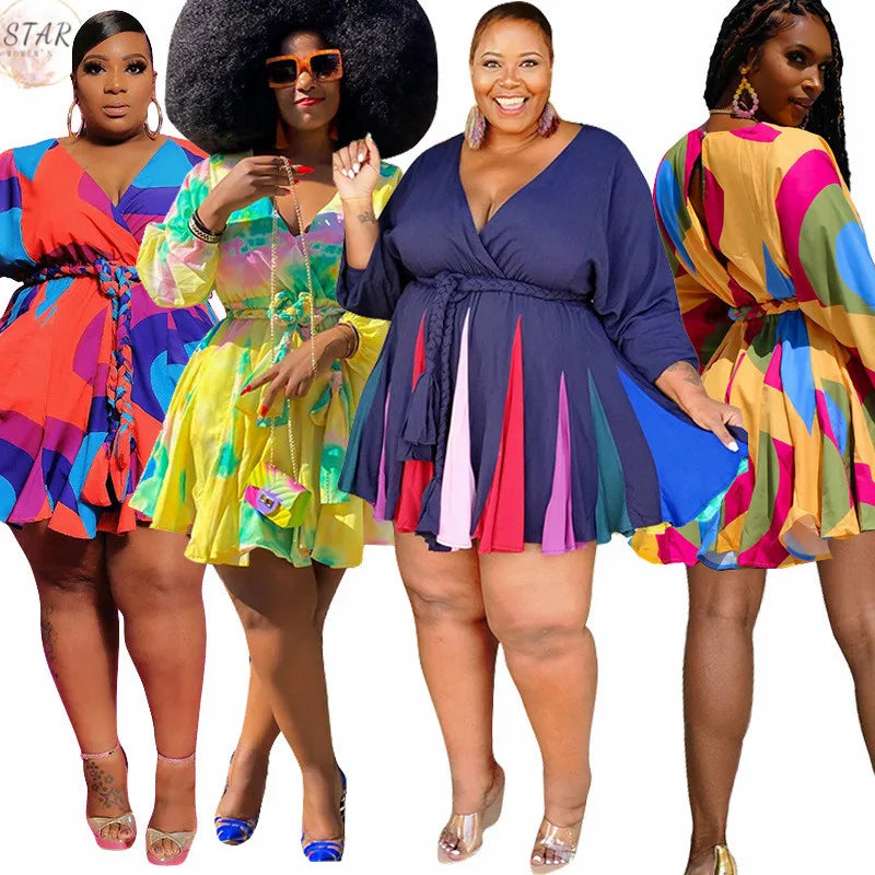Vestido S-5XL de talla grande para mujer, ropa informal con estampado de cuello de pico, manga larga, minivestido con fajas para playa, venta al por mayor