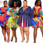 Vestido S-5XL de talla grande para mujer, ropa informal con estampado de cuello de pico, manga larga, minivestido con fajas para playa, venta al por mayor