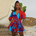 Vestido S-5XL de talla grande para mujer, ropa informal con estampado de cuello de pico, manga larga, minivestido con fajas para playa, venta al por mayor
