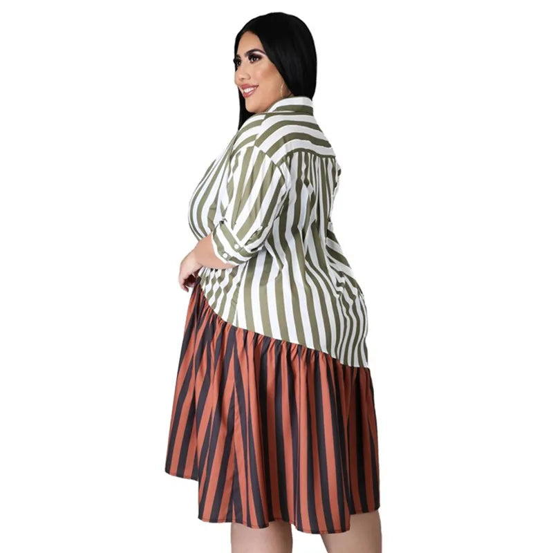 Vestido de talla grande para mujer, ropa de calle a rayas de retazos, camisas de oficina para mujer, vestidos Midi, venta al por mayor, envío directo