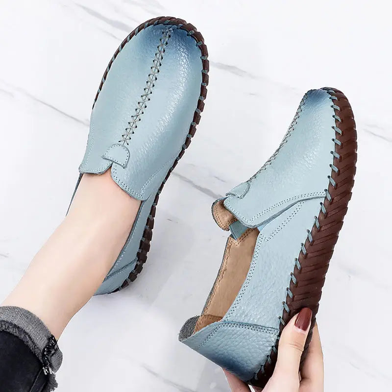 Mocasines Oxford de Cuero Azul | Costura Detallada | Zapatos Planos | Para Todas las Estaciones