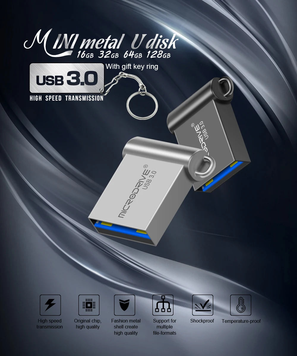 Unidad flash USB 3,0 de metal, 64GB, 128GB, USB Sticks, 32GB, 16GB, memoria mini USB 3,0 de alta velocidad, unidad Flash USB con llavero