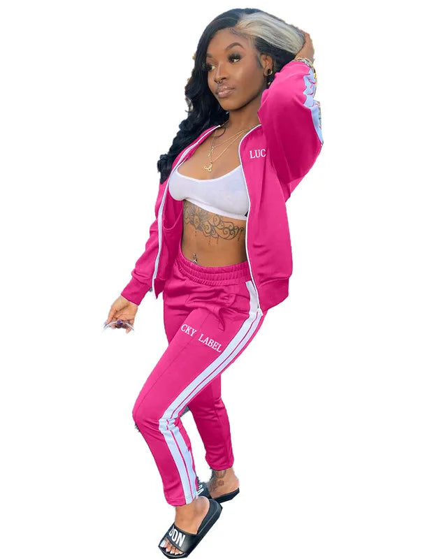Lucky Label-Conjunto de chándal a rayas para mujer, Top con cremallera, Leggings, pantalones de chándal, ropa de otoño, venta al por mayor, Dropshipping, 2 piezas