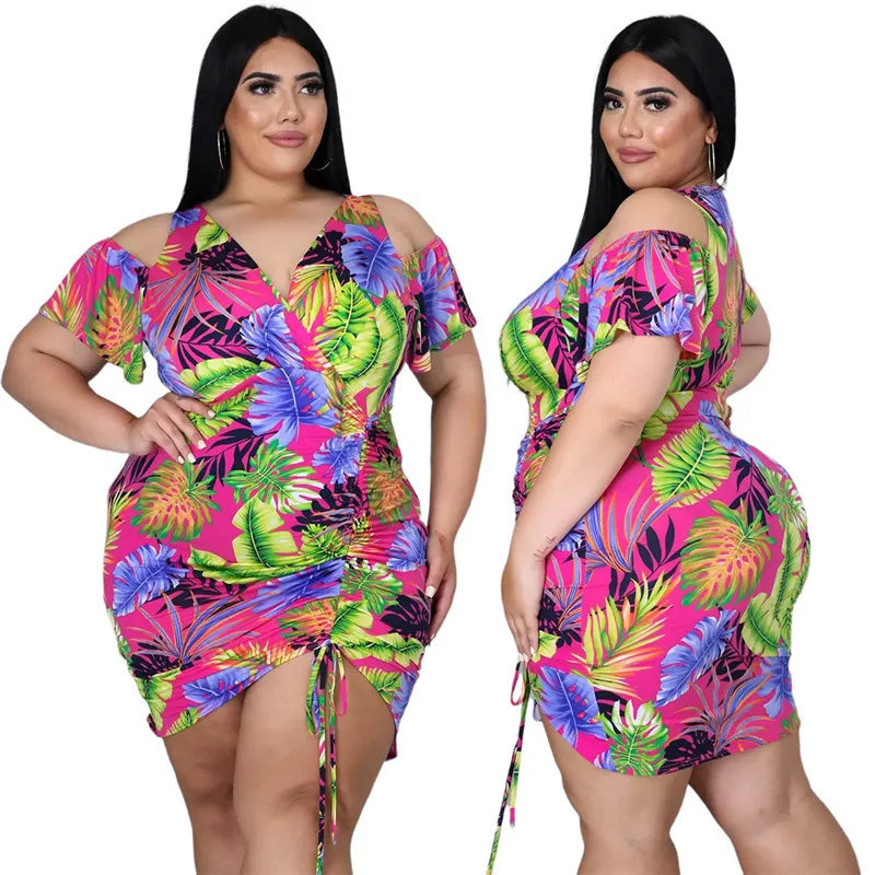 Vestidos de talla grande para mujer, verano 2021, venta al por mayor, cuello de pico, estampado, vendaje drapeado, elegante, Mini vestido de vacaciones