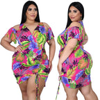 Vestidos de talla grande para mujer, verano 2021, venta al por mayor, cuello de pico, estampado, vendaje drapeado, elegante, Mini vestido de vacaciones