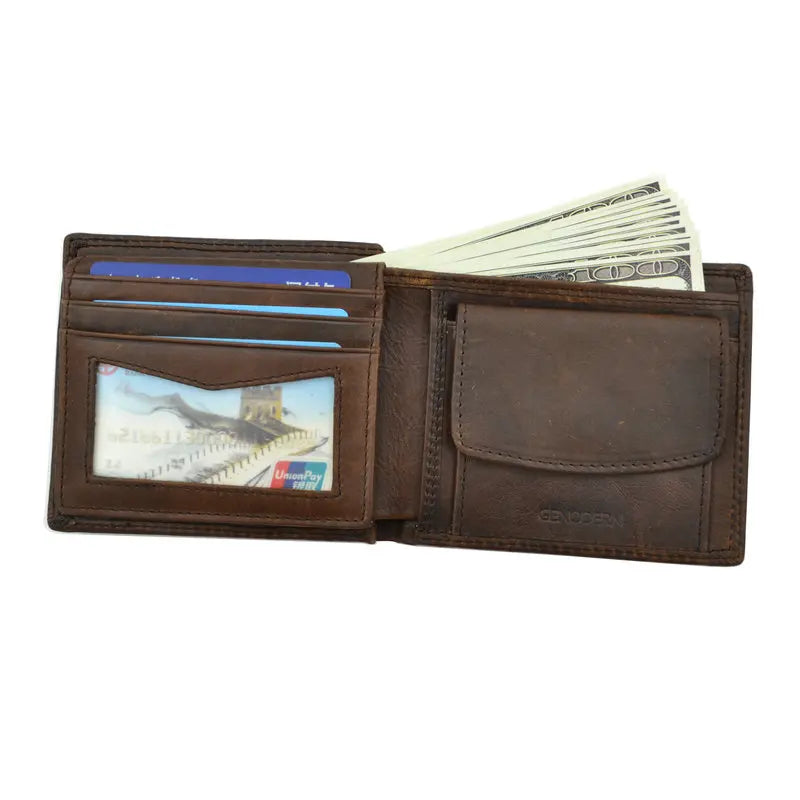 GENODERN-billeteras de cuero de vaca con bolsillo para monedas para hombre, monedero masculino Vintage, bloqueo RFID, Cartera de cuero genuino con tarjeteros