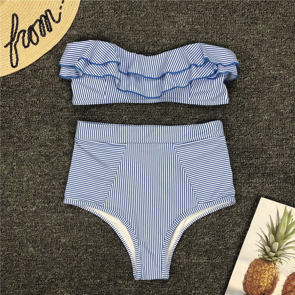 Bikini De Cintura Alta Rayas Irregulares Playa Mujer Dos Piezas