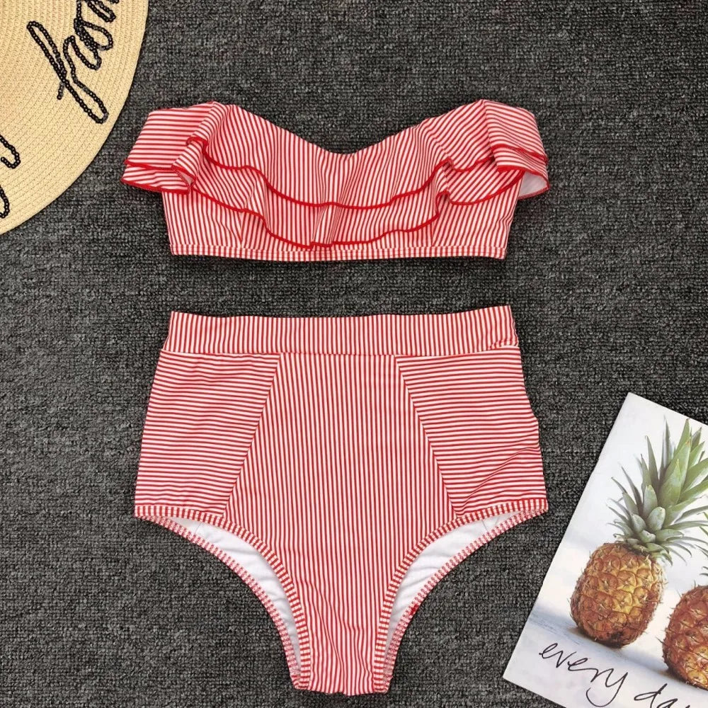 Bikini De Cintura Alta Rayas Irregulares Playa Mujer Dos Piezas