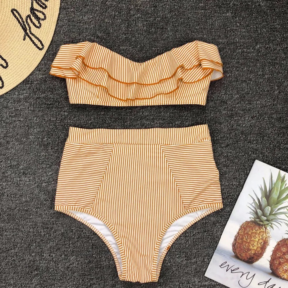 Bikini De Cintura Alta Rayas Irregulares Playa Mujer Dos Piezas