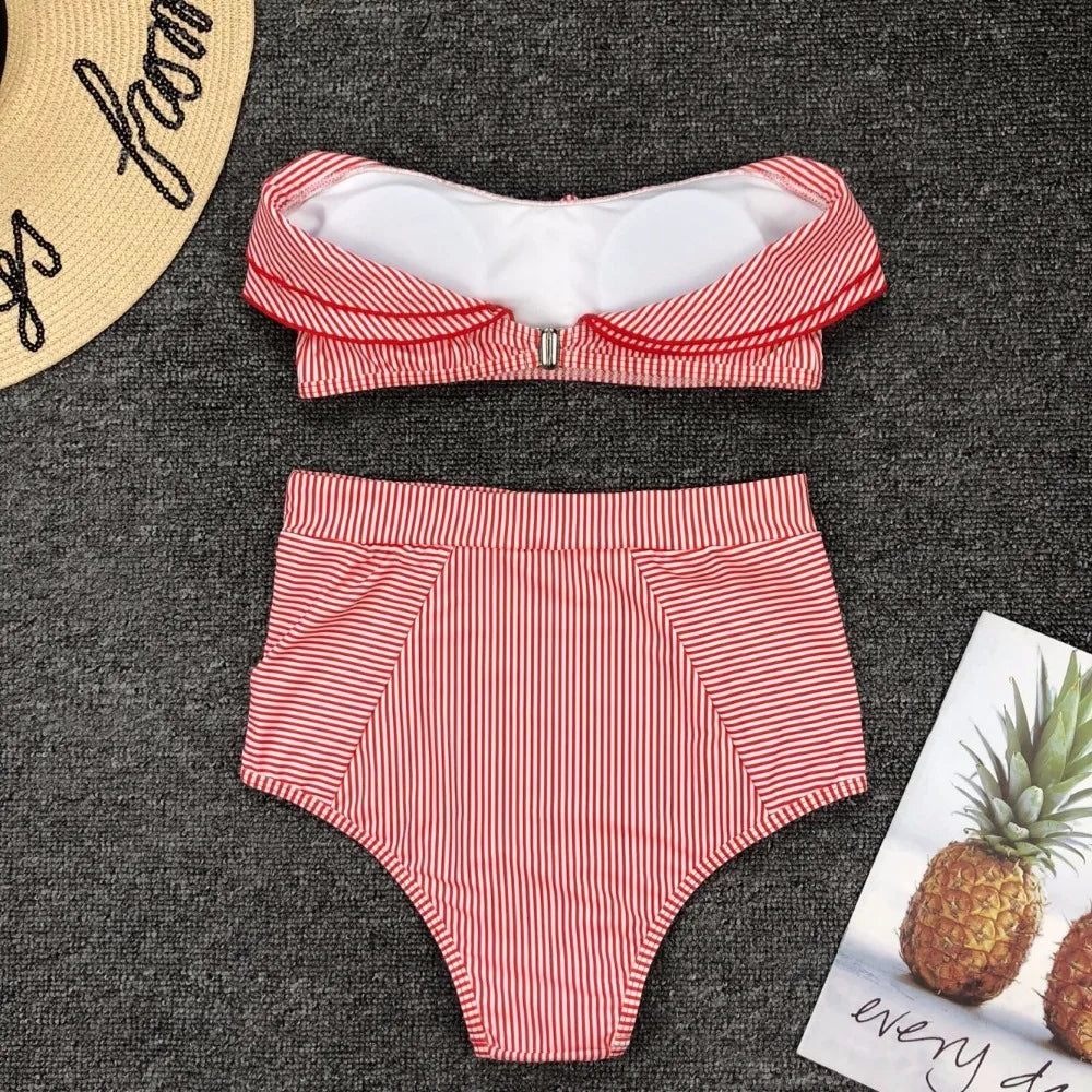 Bikini De Cintura Alta Rayas Irregulares Playa Mujer Dos Piezas