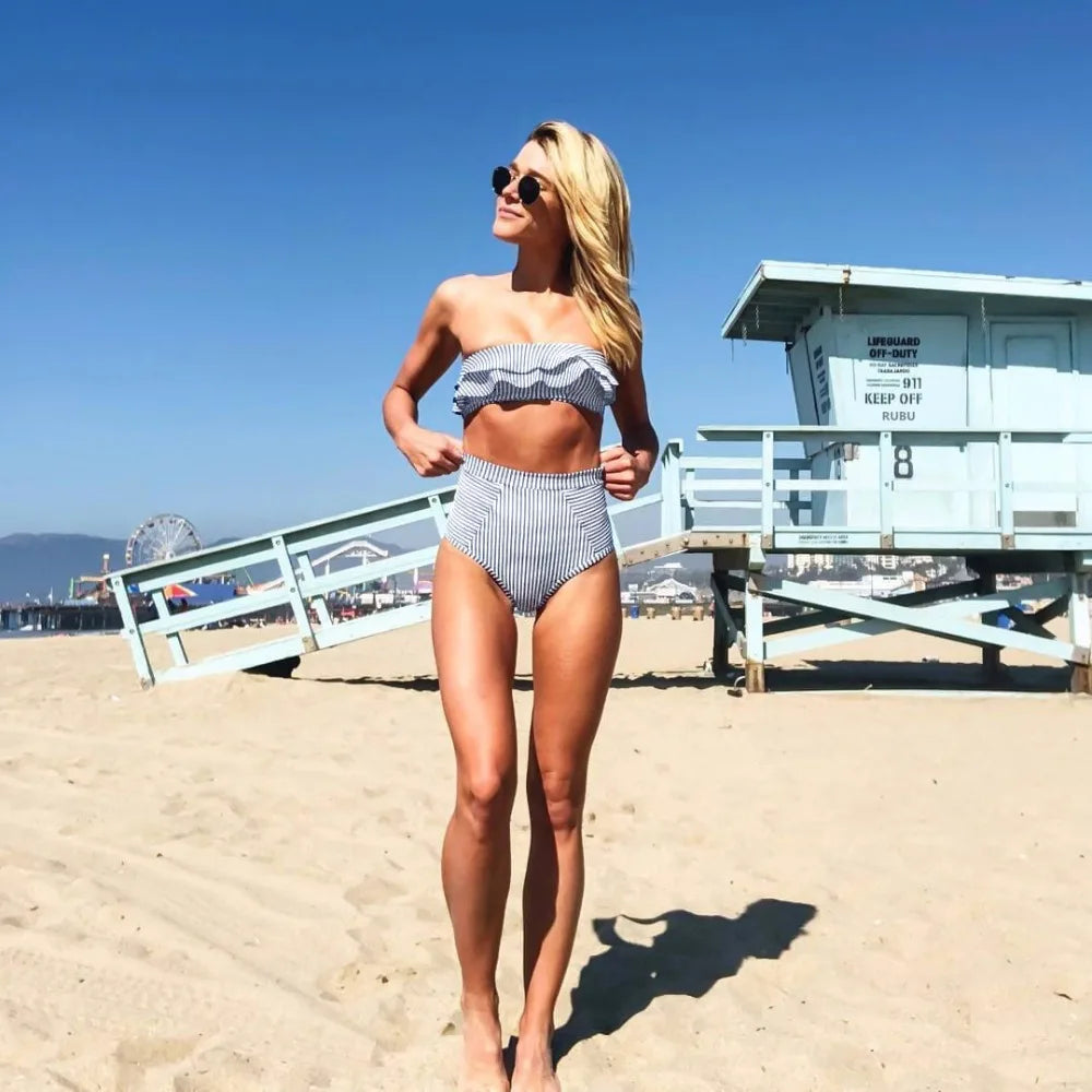Bikini De Cintura Alta Rayas Irregulares Playa Mujer Dos Piezas
