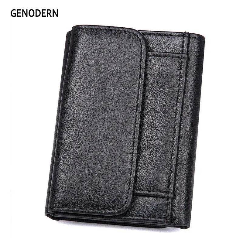 GENODERN, billeteras de cuero genuino para hombre, monedero corto de lujo a la moda para hombre, billeteras masculinas triples de alta calidad con cerrojo