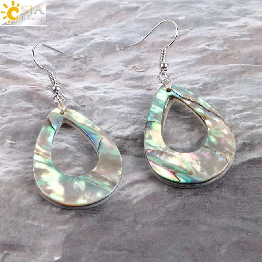 Pendientes de Concha de Abulón Natural con Colgante de Gota