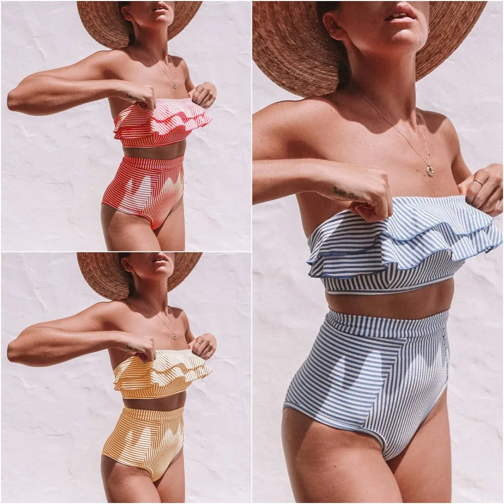 Bikini De Cintura Alta Rayas Irregulares Playa Mujer Dos Piezas
